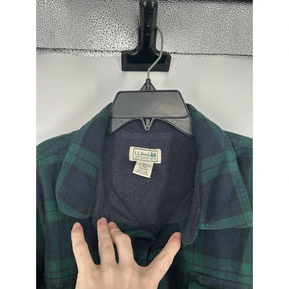 LL Bean Flannel Button Up Shirt Fleece Lined Green Navy Blue‎ Size Large Tall LT